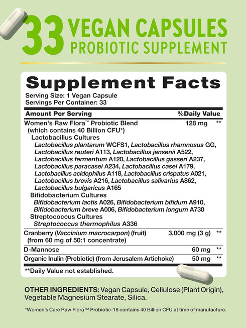 Nature's Truth Raw Flora Probiotics for Women | 40 billion CFU | 33 Vegan Capsules | with Cranberry & D-Mannose | Vegan & Gluten Free Vitamins