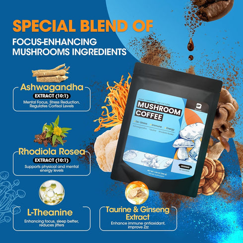 Immunity, 60 B BEWORTHS Mushroom Coffee Powder with Ashwagandha, L-theanine, Lion's Mane, Reishi, Chaga, Cordyceps