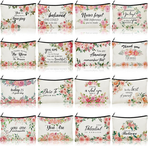 16 Pcs Inspirational Quotes Canvas Cosmetic Bag Bulk, Zipper Makeup Bags, Travel Toiletry Pouch Gift for Women Girls