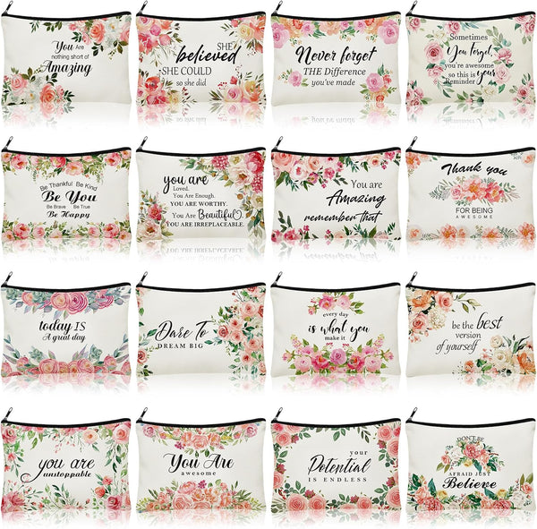 16 Pcs Inspirational Quotes Canvas Cosmetic Bag Bulk, Zipper Makeup Bags, Travel Toiletry Pouch Gift for Women Girls