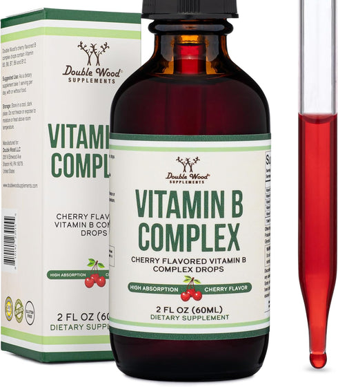 Double Wood Supplements Liquid Vitamin B Complex - 2 FL OZ Cherry Flavor, 2 Month Supply for Max Absorption