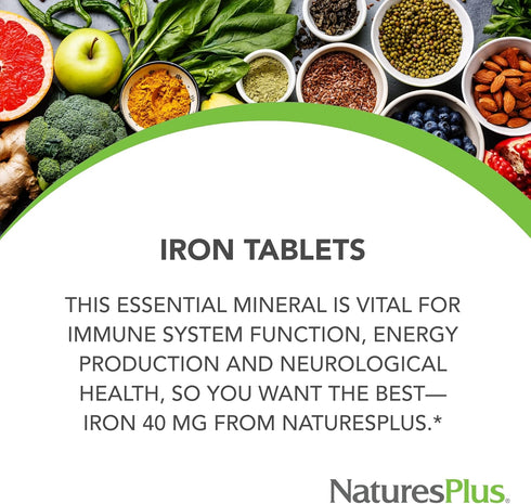 NaturesPlus Iron - 40 mg, 90 Tablets - Gluten Free, Vegetarian - 45 Servings