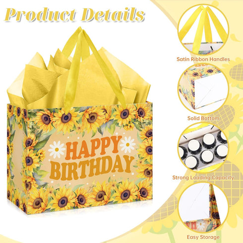 Wauprant Large Sunflower Birthday Gift Bag for Girls Women Yellow Floral Happy Birthday Gift Bag with Wrapping Paper