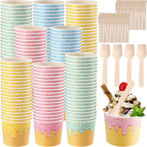 Ninehaoou 200 Pack 6 oz Paper Ice Cream Cups with Wooden Spoons, Disposable