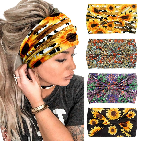 Huachi 4 Packs Boho Headbands for Women: Wide Sunflower Thick Elastic Hairbands for Sport Yoga
