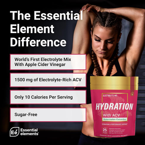 Essential Elements Hydration Packets Watermelon Cucumber, Sugar Free Electrolytes Powder, 25 Stick Packs
