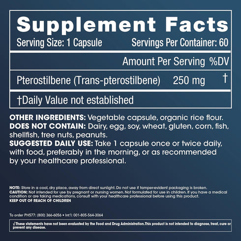 Pterostilbene Supplement - 250mg, 60 Capsules - Clinically Proven Antioxidant for Heart & Brain Health