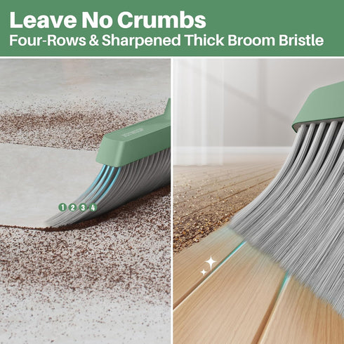 Set, JOYMOOP Dark Teal Green Broom and Dustpan Upright Angle with Built-in Comb Teeth, Ideal for Home, Office