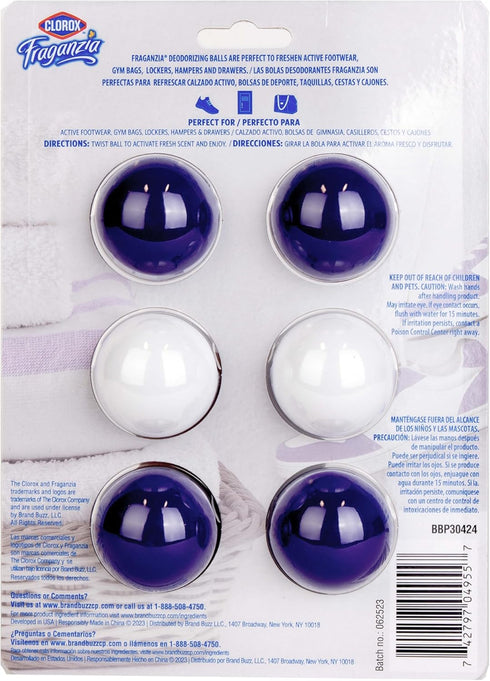 Clorox Fraganzia Deodorizing Balls: Lavender with Eucalyptus Scent, 6 Count Odor Eliminators for Shoes, Gym Bag, Closet