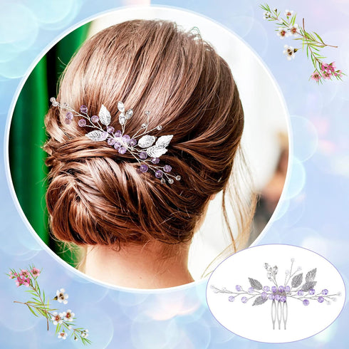 PAGOW 2PCS Leaf Hair Combs, Purple Rhinestone Hair Clips for Women, Girls, Bride, Bridesmaid