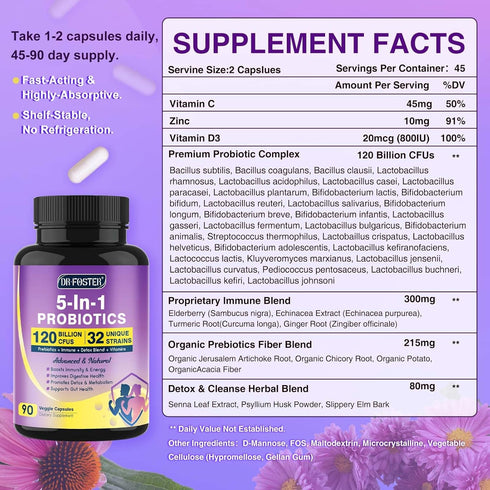 Probiotics for Women & Men, 120 Billion CFUs, Prebiotics for Gut Health, 45 Day Supply