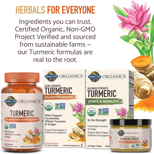 Garden of Life Organics Extra Strength Turmeric - 120 Tablets with 100mg Curcumin, Black Pepper, Probiotics