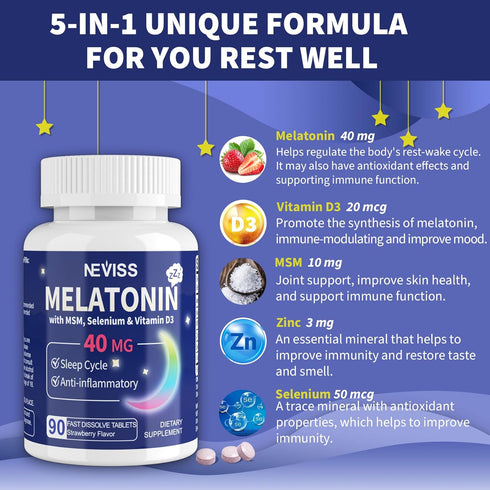 Melatonin 40 mg for Adults - Fast Dissolve & Chewable Sublingual Sleep Supplement with Vitamin D3 & MSM, 180 Servings