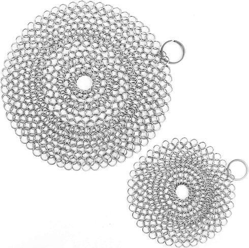 Cast Iron Skillet Cleaner Chainmail, 2 Pack Premium Stainless Steel Scrubber for Pans and Glassware