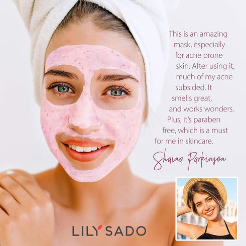 LILY SADO Rose Berry Pink Clay Mask, Exfoliating with Rose Water & Fresh Berries, 4 oz