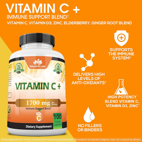 NaturaLife Labs A Higher Standard Vitamin C 1,700 MG with Vitamin D3, Zinc, Elderberry, Ginger Root - 100 Veggie