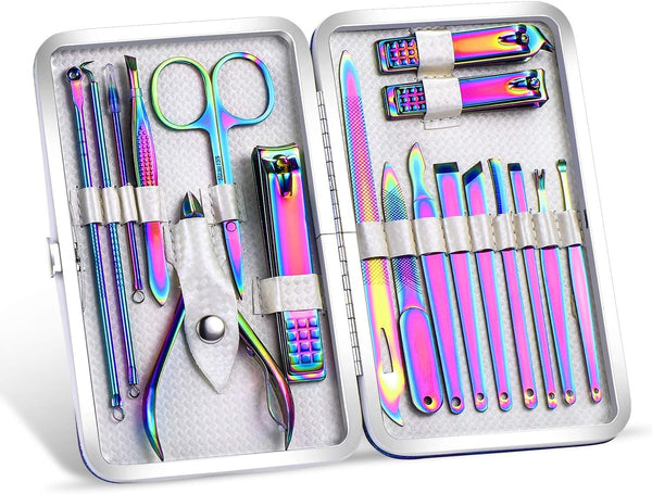 SFYDOM Women's Rainbow Leather Manicure Set, 18 Pcs Rainbow Manicure Kits Nail Clippers Gift for Women