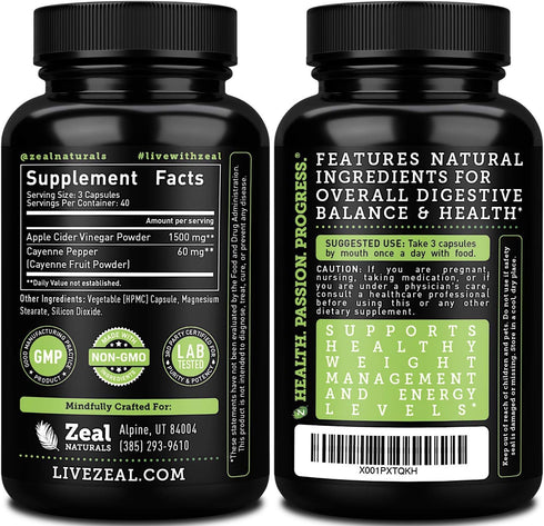 Zeal Naturals Natural Raw Apple Cider Vinegar Capsules, 1560mg, 120 Capsules, with Cayenne Pepper for Digestive Support