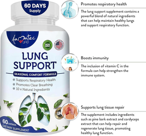 Lung Support Dietary Supplements, Herbal Breathing Support, 60 Capsules Non GMO for Lung Health