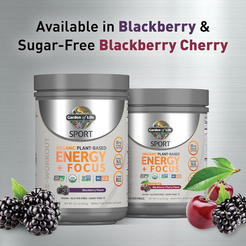Garden of Life Sport Organic Plant Based Energy + Focus Clean Pre Workout Powder, Blackberry, 15.3 Oz