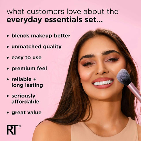 Real Techniques 5 Piece Everyday Essentials Makeup Brush Set, Includes 4 Brushes & Sponge, Travel Gift Set