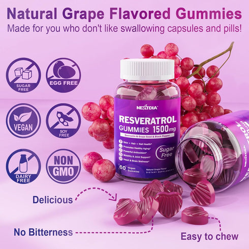 Resveratrol Gummies 1500mg - Sugar Free Supplement with Quercetin, Grape Seed, Acai Berries Extracts for Antioxidant,