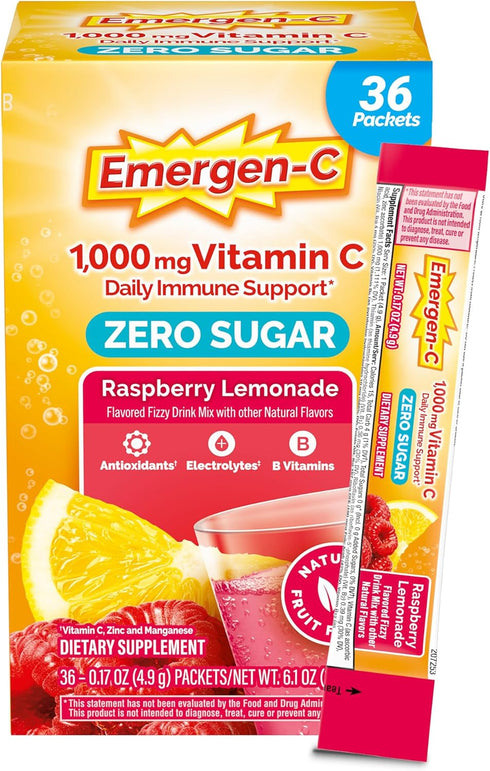 Emergen-C Zero Sugar 1000 mg Vitamin C Powder, 36 Count for Daily Immune Support with Electrolytes
