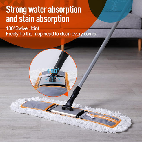 24" Heavy Duty Commercial Dust Mop for Floor Cleaning, 2 Microfiber Mop Pads for Wet and Dry Use, Grey