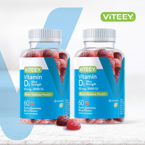 Vitamin D3 Gummies for Adults & Teens - 5,000 IU, 125mcg, Ultra Strength - Joint & Muscle Health, Immune Boost - Chewable Vitamin D Gummies - Vegetarian, Gelatin Free - Tasty Berry Flavored Gummy