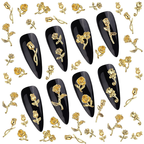 TOROKOM 120 PCS 3D Gold Rose Nail Art Charms - Romantic Flowers Nails Decorations Alloy Nail Charms for Girls Women DIY