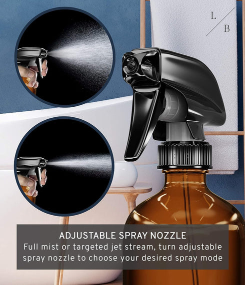 LiBa Amber Glass Spray Bottles, 2 Pack, 16 oz Refillable Empty Spray Bottle for Cleaning, Adjustable Nozzle