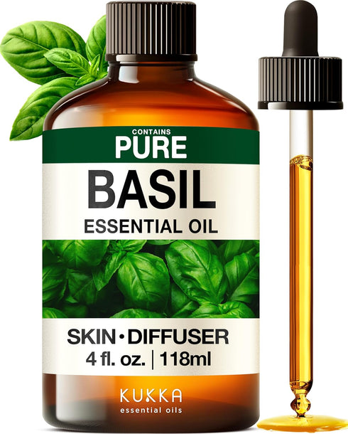 Set Set 2x4 oz Basil Essential Oil for Diffusers & Peppermint Oil for Hair - Aromatherapy Grade Essential Oils - fl