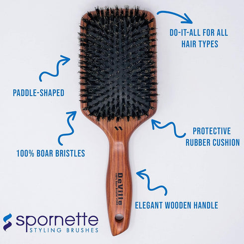Spornette Deville Cushion Paddle Brush, Boar Bristle Hair Brush for Straightening, Smoothing, Detangling