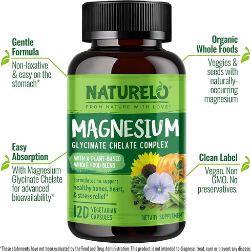 NATURELO Magnesium Glycinate Chelate Complex, 200 mg with Organic Vegetables for Sleep and Stress Relief