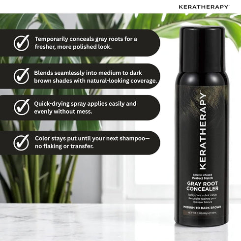 Keratherapy Keratin Infused Perfect Match Gray Root Concealer Spray, Dark Brown, 3 oz, Temporary Scalp Concealer