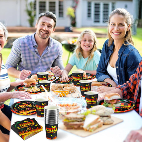 Sliner 100 Pcs Chili Cook Off Paper Party Supplies, 9'' Dinner Plates, 7'' Dessert Plates, and Napkins