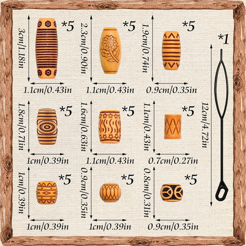 NAISKA 45 Pcs Wooden Hair Jewelry for Braids Locs Dreadlock Accessories Hair Tube Hair Cuffs DIY Braid Clips Loc Dreadlock Cuffs for Women Girls Festival Hairstyle Decoration