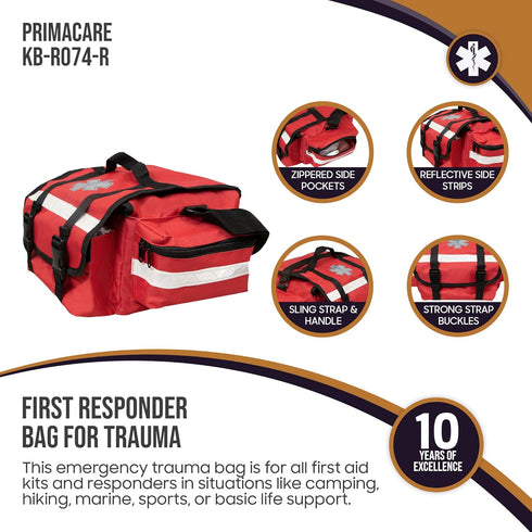 KB-RO74-R 17" 9" 7", Primacare First Responder Trauma Bag, x x Red EMT/EMS Medical Supply Organizer with Padded