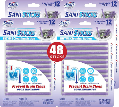 SANI 360° Sani Sticks Drain Cleaner and Deodorizer, 48 Count, Lavender Scent, Safe for Sinks and Septic Tanks
