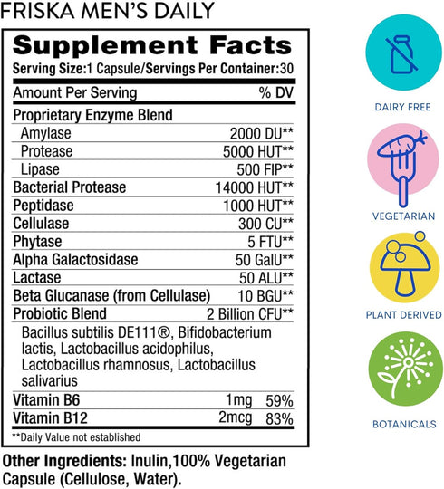 FRISKA Men’s Daily Digestive Enzyme and Probiotics Supplement, Natural Support for Male Digestive Health, 30 Capsules