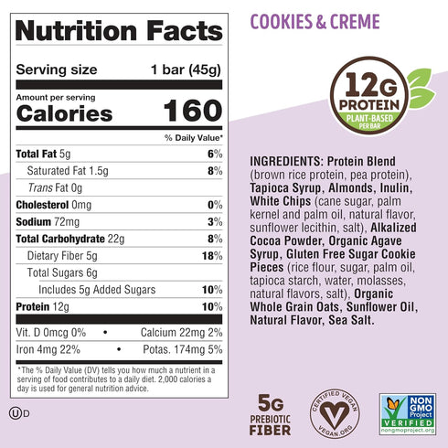 Lenny & Larry's Cookie-fied Bar, 45g Cookies & Creme, Vegan Plant-Based Protein Bar (Pack of 9)