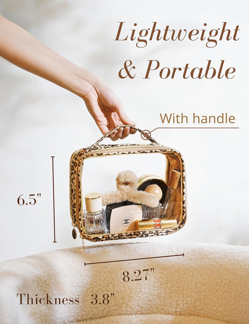 Clear Leopard Travel Makeup Bag Transparent Cosmetic Pouch Portable Toiletry Bags Two Compartments Cosmetic Bag with Handle Nylon and PVC Make up Organizer Cheetah