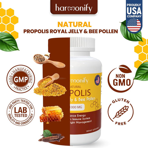 Bee Pollen Propolis Royal Jelly Extract with Carob, Pure Immune Support Supplement, Gluten-Free, Vegetarian Capsules, 1000 mg