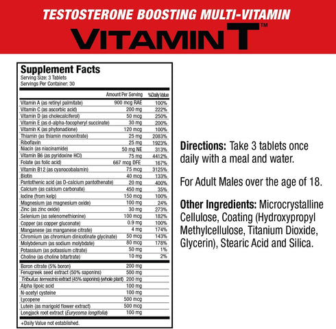 MuscleMeds Vitamin T Daily Complete Multivitamin for Men Enhances Testosterone Muscle Building Sexual Performance 20 Vitamins Minerals Fenugreek Tribulus Longjack, Brown, 90 Count