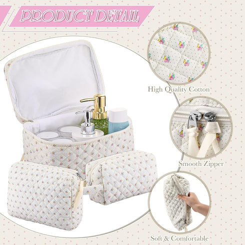 3 Pieces Cotton Quilted Makeup Bag Set, Aesthetic Travel Toiletry Bags, Cute Kawaii Pouch for Women