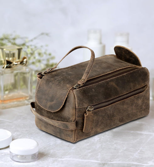 KomalC Premium Buffalo Leather Unisex Toiletry Bag, Travel Dopp Kit