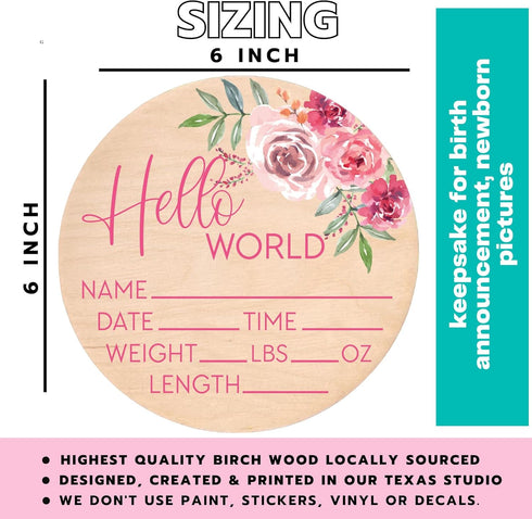 Hello World Sign for Newborn Baby Birth Stat Sign Floral Baby Sign for Hospital Baby Name Sign Pregnancy Announcement