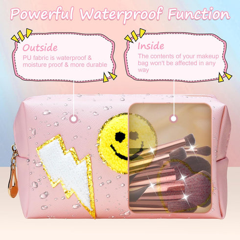 WECOOL Preppy Makeup Bag, Waterproof PU Leather Smiley Face Patch, Portable Cute Toiletry Bag with Zipper for Women