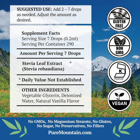 Vanilla Stevia Liquid Drops, Natural Sweet Vanilla Flavor, Alcohol Free & Kosher, 2oz Glass Bottle