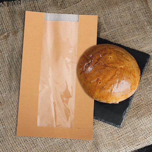 OFFIGAM 50pcs Packaging Kraft Paper Bakery Bread Bags with Window Large Size Greaseproof Food Storage Pouches